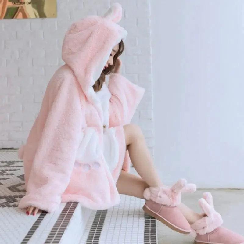 Plush Rabbit Ears Loose Hooded Plush Hoodie with Cuffed Sleeves Snug Secure