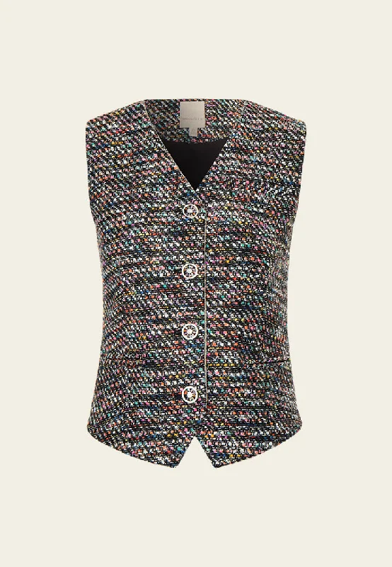 Mixed tweed Hollow-carved Crystal Button Metalic-trim Waistcoat Cozy Woolen Waistcoat Vest