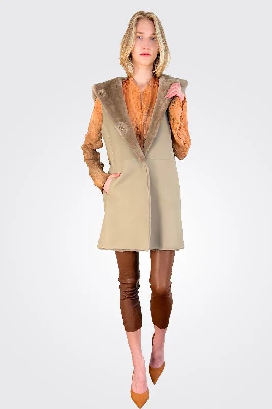 Shearling Hooded Norik Vest - Sand Hoodie Sweatshirt Pullover