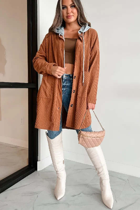 Ours For The Taking Oversized Hooded Corduroy Shacket (Light Brown) Hoodie with V-Neck Classic Versatile Ours For The Taking Oversized Hooded Corduroy Shacket (Light Brown) Hoodie with V-Neck Classic Versatile