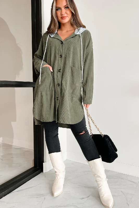 Ours For The Taking Oversized Hooded Corduroy Shacket (Olive) Hoodie with Elastic Cuffs Stretchable Comfortable Ours For The Taking Oversized Hooded Corduroy Shacket (Olive) Hoodie with Elastic Cuffs Stretchable Comfortable