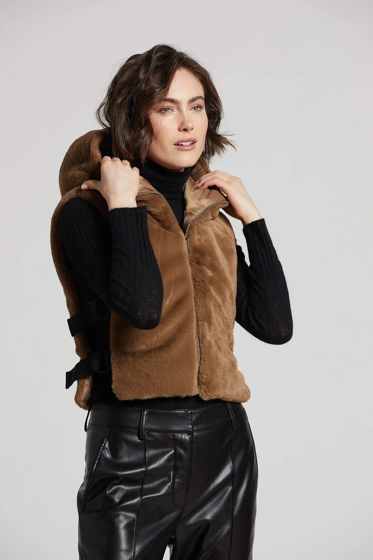 Peanut Faux Fur Hooded Vest - Walnut Cotton Hoodie Fleece Lining Warmth