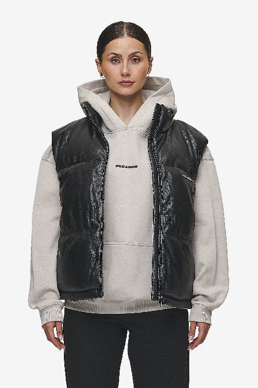 Priory Faux Leather Puffer Vest Metal Logo Black Fur-Lined Hood Vest