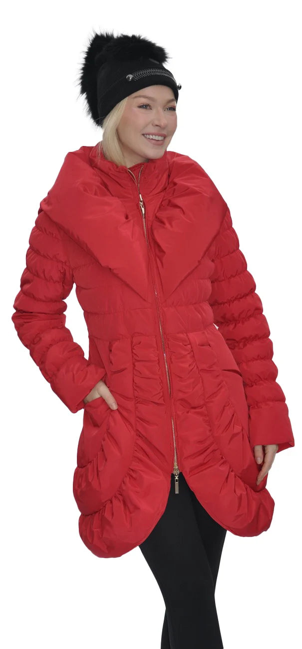 Coat Puffer Zipper Front 2 Pocket Scarlet Women's Wool Cashmere Tweed