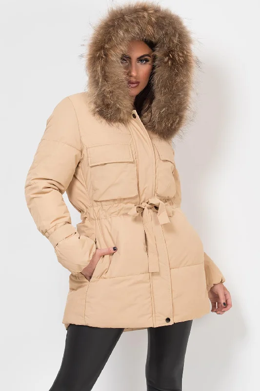 Real Fur Hood Coat With Drawstring Waist Beige Boat Neck Jacket Square Neck Jacket One-Shoulder Jacket Real Fur Hood Coat With Drawstring Waist Beige Boat Neck Jacket Square Neck Jacket One-Shoulder Jacket