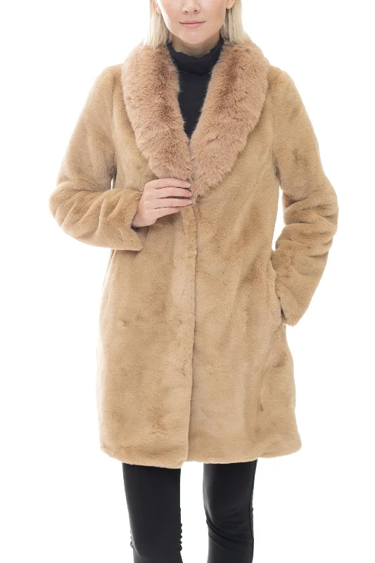 RINGWOOD - Long Faux Fur Coat with Oversized Collar Print Jacquard Embroidered