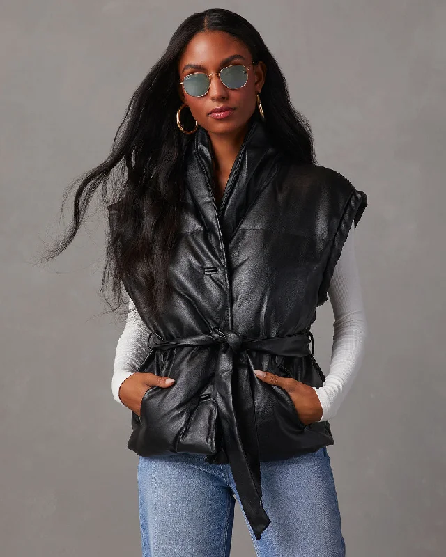 Rubio Belted Faux Leather Puffer Vest Zip-Front Sport Vest
