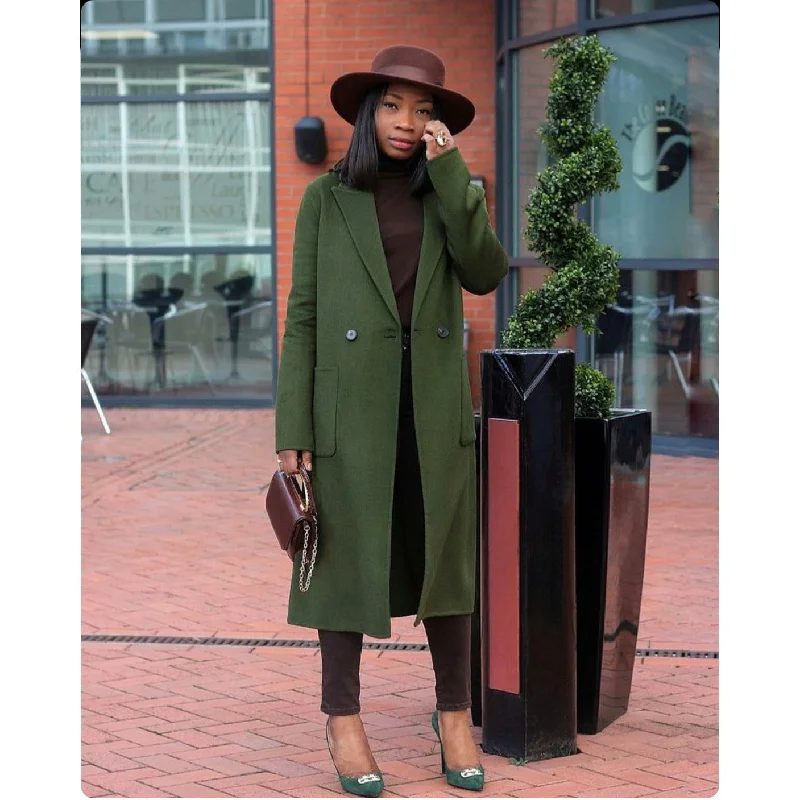 Side Pocketed Long Coat Collared Crew Neck Turtle Neck