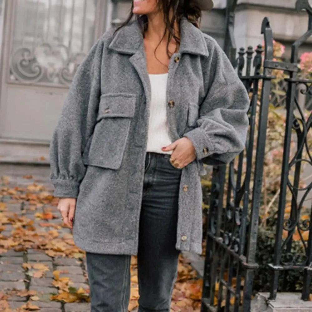 Solid color woolen coat with double pockets Chenille Brocade Lace