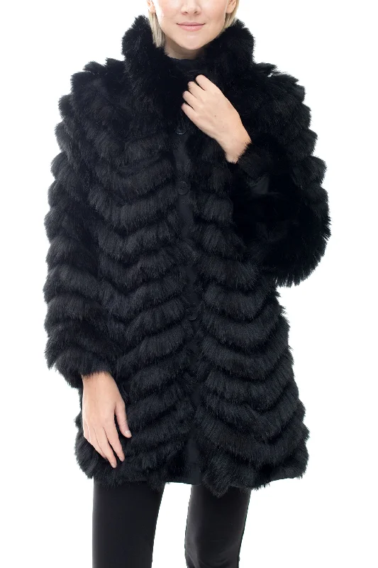 ALPINE - Reversible Fur Coat with Herringbone Layers Striped Polka Dot Solid