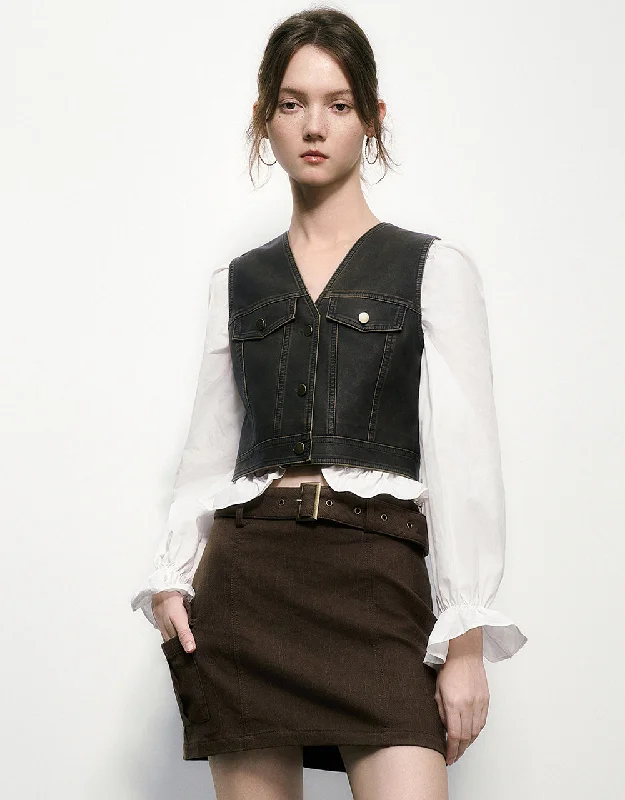 Vegan Leather V-Neck Waistcoat Warm Knit Waistcoat Jacket