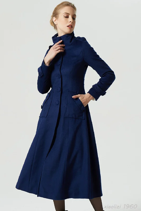 long military blue wool coat with pockets 1960# Tweed Herringbone Houndstooth