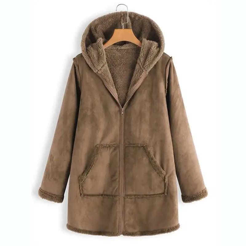 Winter Pocket Warm Plush Hooded Coat Rayon Velvet Corduroy
