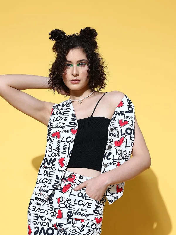 Women Red Love Heart Print Waistcoat Comfortable Faux Fur Waistcoat