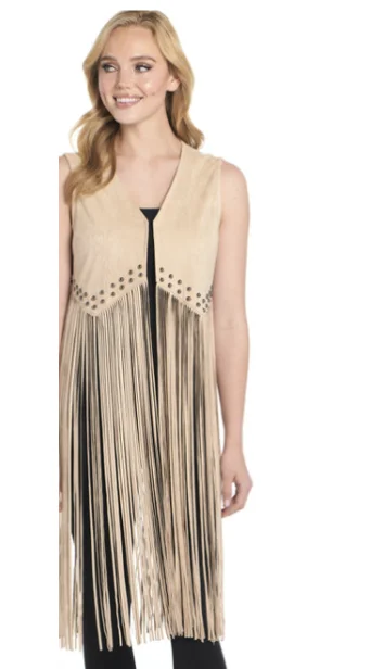 Women's Cait Sand Tan Fringe Leather Vest Elegant Slim Fit Vest
