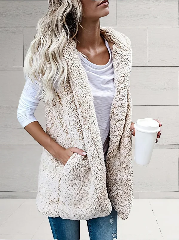 Women's Fuzzy Hooded Vest with Pockets Hoodie with Drop Shoulder Relaxed Streetwear