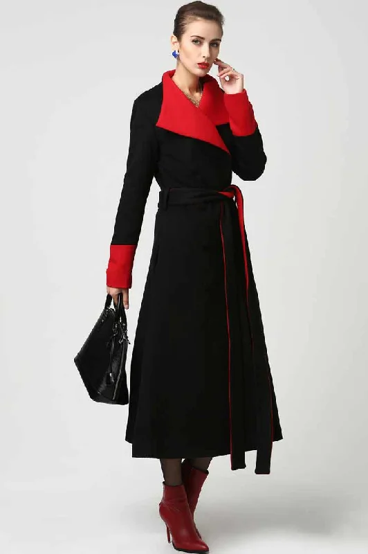 Womens Long Black Wool Coat with Red Detailing and Shawl Collar 1106# Stylish Long Shawl Wrap Womens Long Black Wool Coat with Red Detailing and Shawl Collar 1106# Stylish Long Shawl Wrap