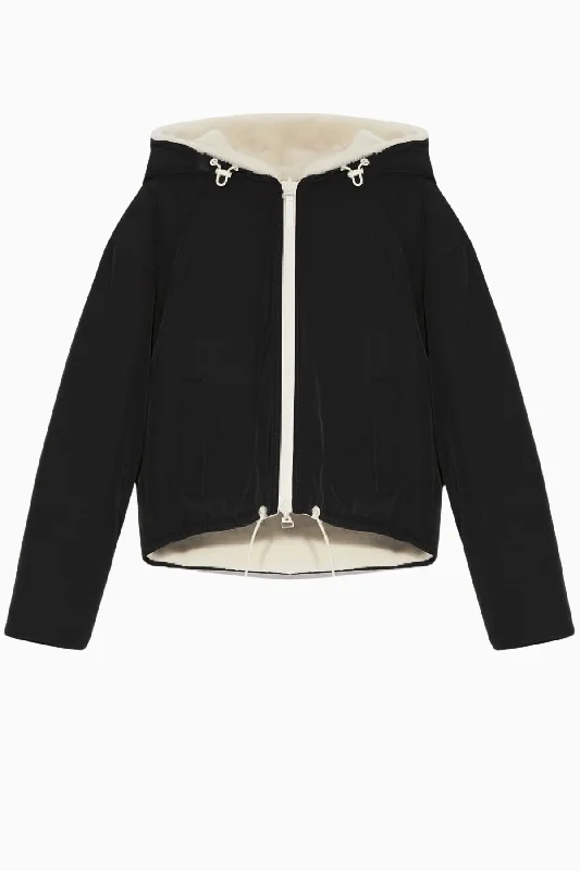 Yves Salomon Reversible Shearling Hooded Parka - Black/ Ivory Hoodie Crop Top Short Trendy