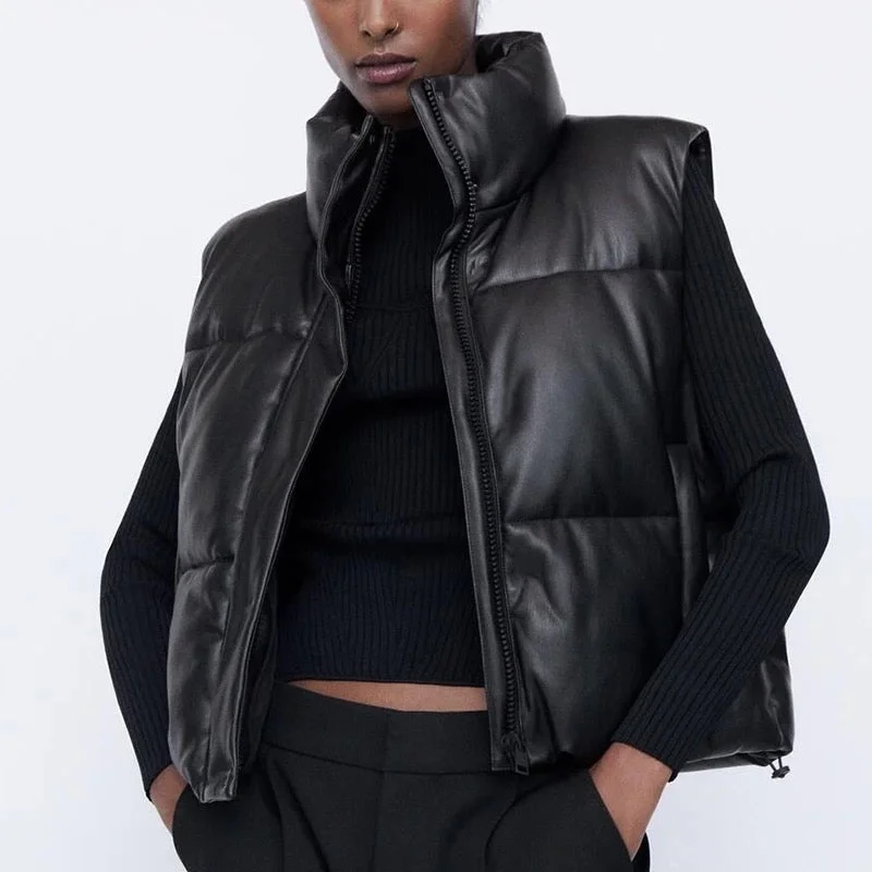 Zipper Faux Leather Puffer Vest Stretchy Knit Vest