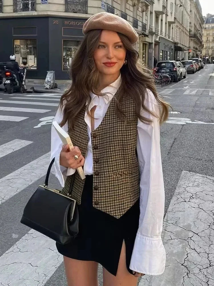 Znbbw Sleeveless Single Button Houndstooth Vintage Vest for Women Autumn Spring Short V Neck Pockets Vest Waistcoat 2024 Trendy Faux Fur Waistcoat