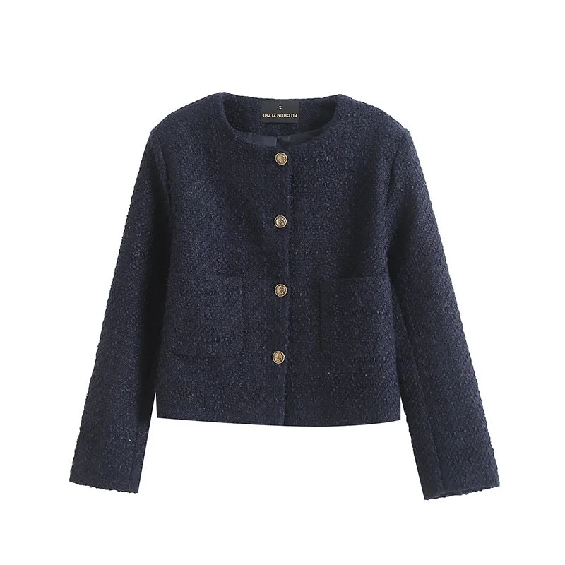 Znbbw Spring Style Xiaoxiangfeng Gold Button Textured Short Coat Shawl Collar Notch Collar Lapel Collar Znbbw Spring Style Xiaoxiangfeng Gold Button Textured Short Coat Shawl Collar Notch Collar Lapel Collar