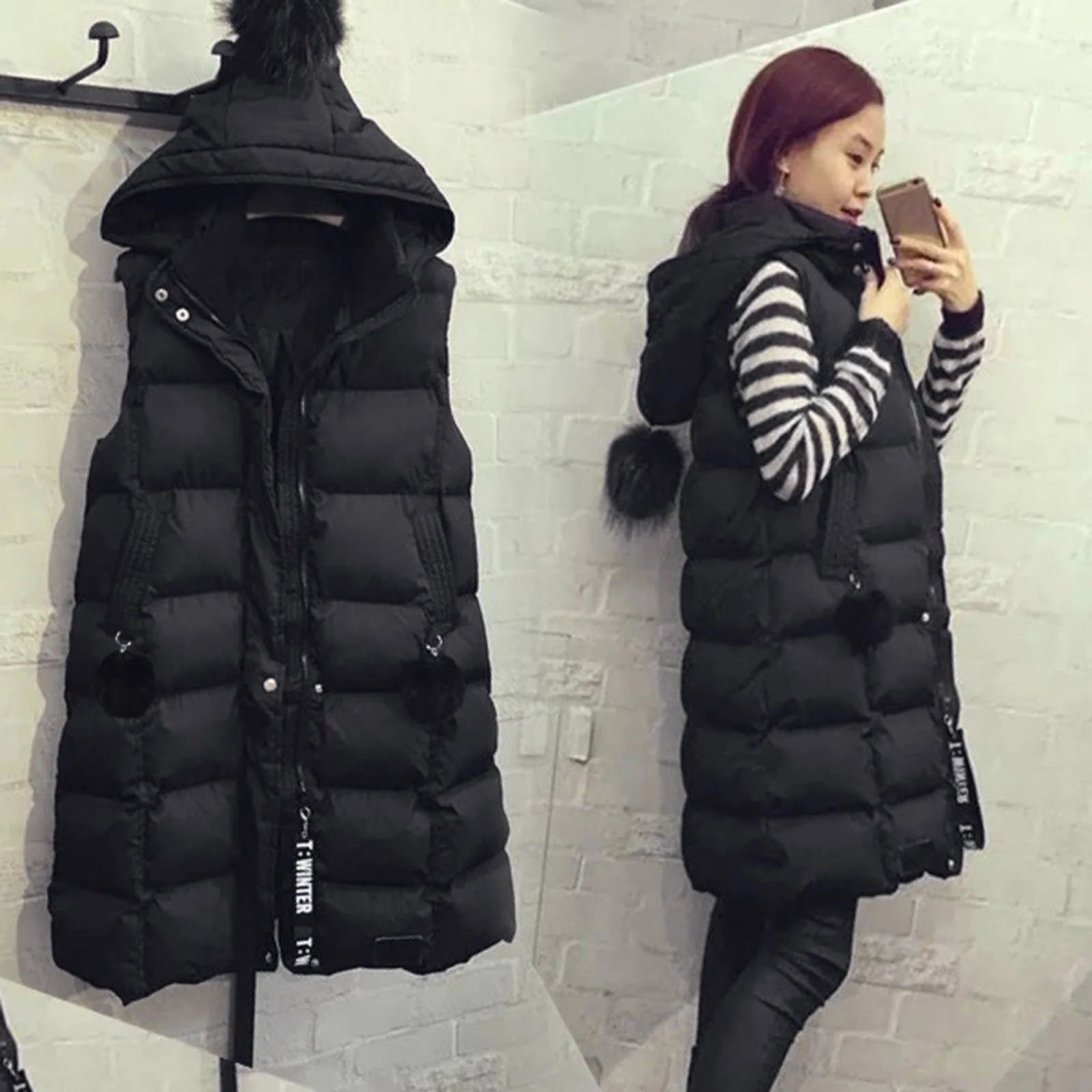 Znbbw Winter Women Black Hooded Long Parkas Vest Fashion Warm Black Hooded Down Coat Parka Ladies Sleeveless Waistcoats Elegant Cashmere Waistcoat Vest