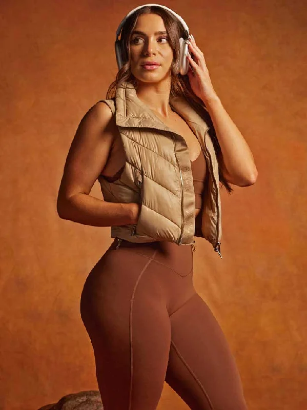 Cinch Waist Puffer Vest - Beige Elegant Vest Coat