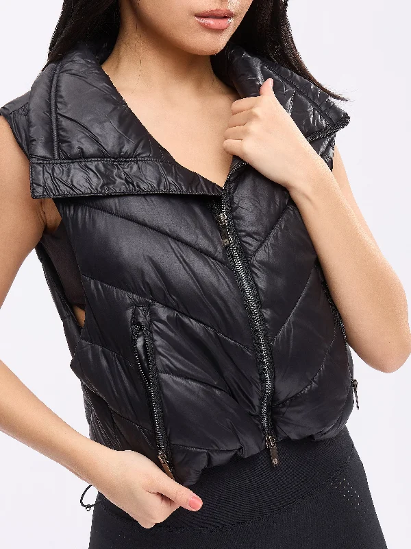 Cinch Waist Puffer Vest - Onyx Black Sleeveless Winter Coat
