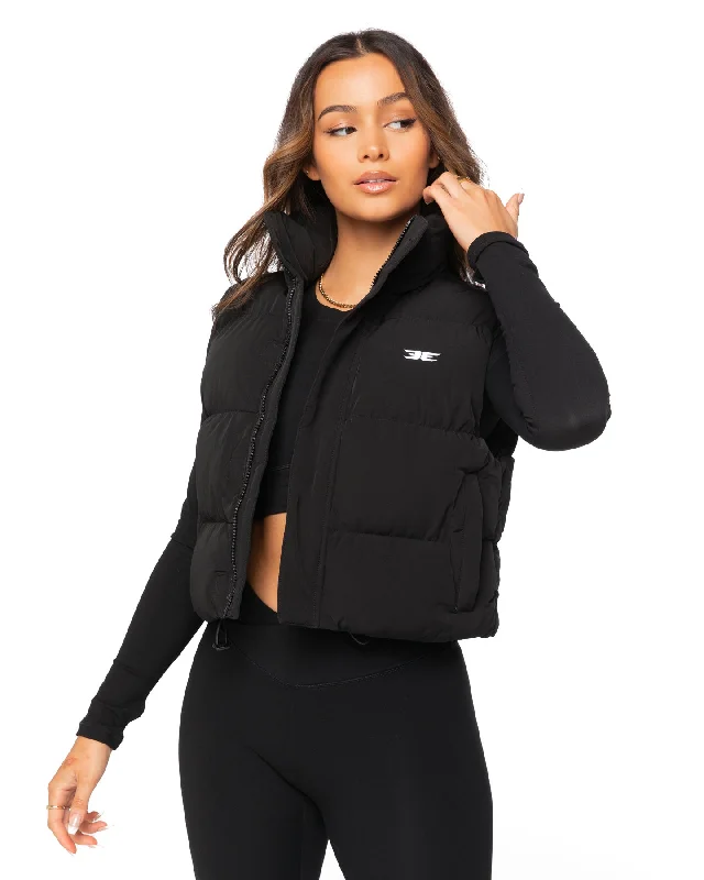 Cropped Puffer Vest - Black Trendy Belted Vest