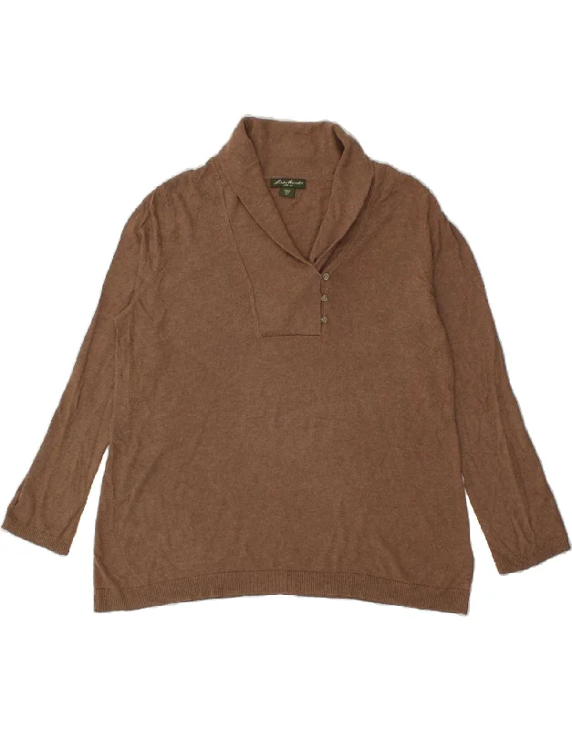 EDDIE BAUER Womens Shawl Neck Jumper Sweater UK 20 2XL Brown Cotton Cozy Woolen Shawl Scarf