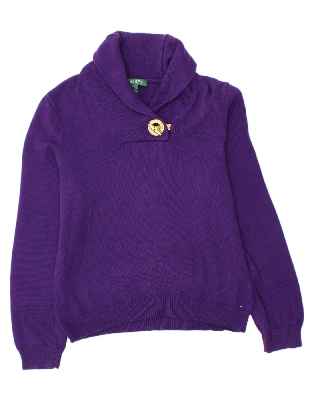 RALPH LAUREN Womens Shawl Neck Jumper Sweater UK 14 Large Purple Cotton Trendy Embroidered Shawl Wrap RALPH LAUREN Womens Shawl Neck Jumper Sweater UK 14 Large Purple Cotton Trendy Embroidered Shawl Wrap
