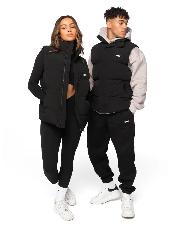 Unisex Puffer Vest - Black Fur-Trimmed Vest Coat
