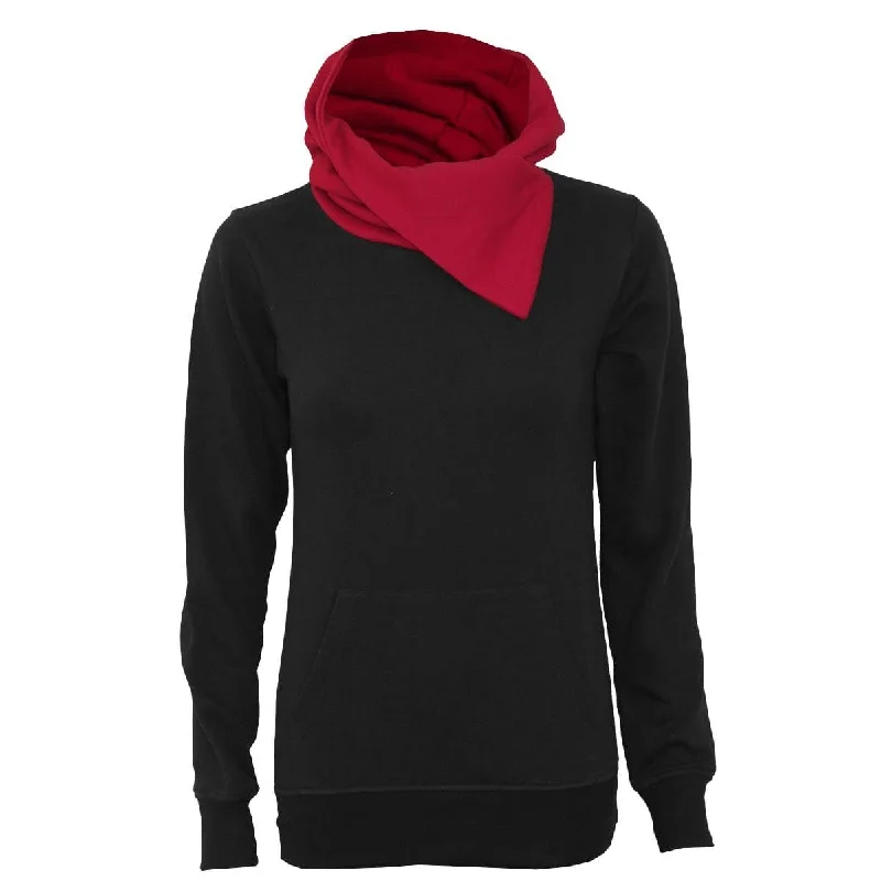 URBAN FASHION - Shawl Neck Red Hood Kangaroo Top Black Chic Embroidered Shawl Wrap