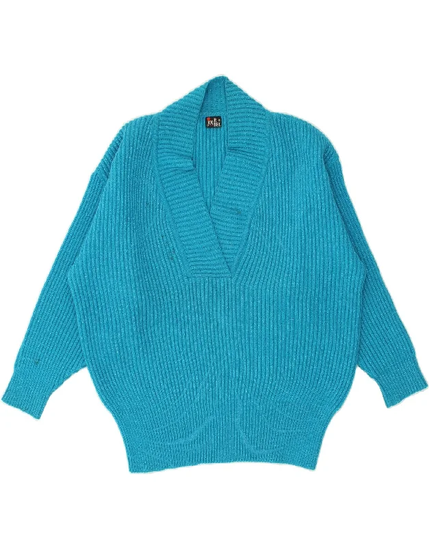 VINTAGE Womens Shawl Neck Jumper Sweater EU 40 Medium Blue Wool Warm Cashmere Shawl Cape VINTAGE Womens Shawl Neck Jumper Sweater EU 40 Medium Blue Wool Warm Cashmere Shawl Cape