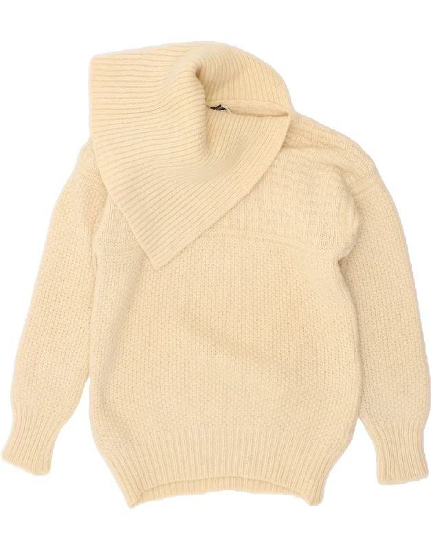 BENETTON Womens Shawl Neck Jumper Sweater UK 8 Small Off White Wool Stylish Fringed Shawl Cape