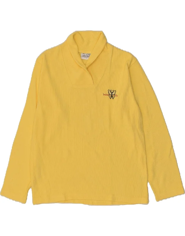 VINTAGE Womens Shawl Neck Jumper Sweater UK 14 Medium Yellow Cotton Comfortable Pashmina Shawl VINTAGE Womens Shawl Neck Jumper Sweater UK 14 Medium Yellow Cotton Comfortable Pashmina Shawl