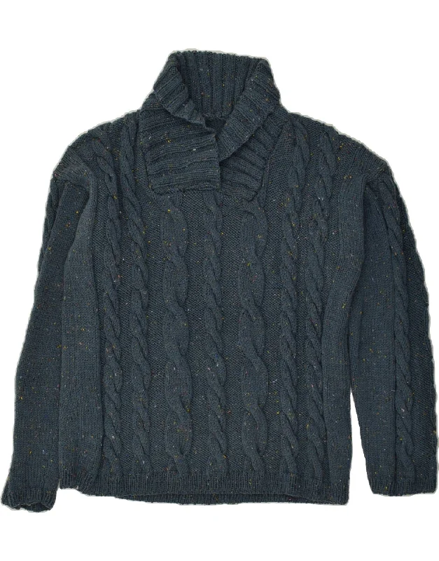 VINTAGE Womens Shawl Neck Jumper Sweater XL Navy Blue Flecked Cozy Knit Shawl Scarf