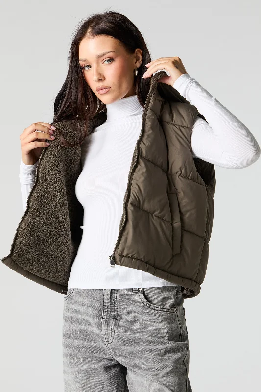 Sherpa Lined Puffer Vest Button-Up Wool Vest