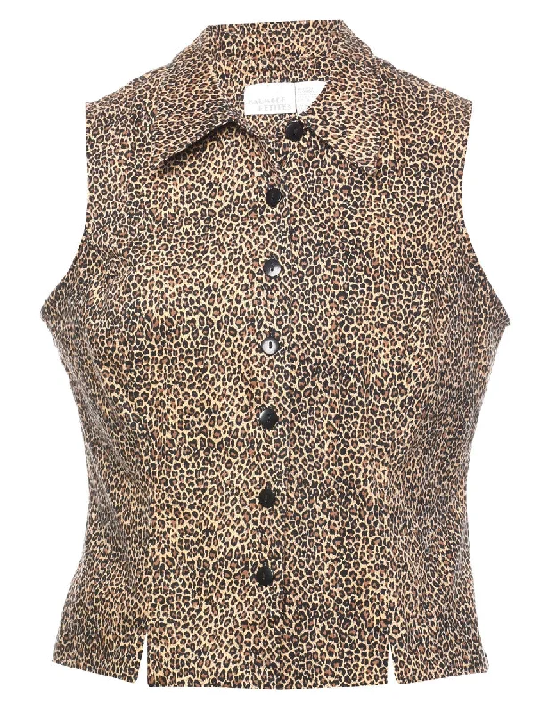 1990s Leopard Print Button-Front Waistcoat  - M Elegant Down-Filled Waistcoat