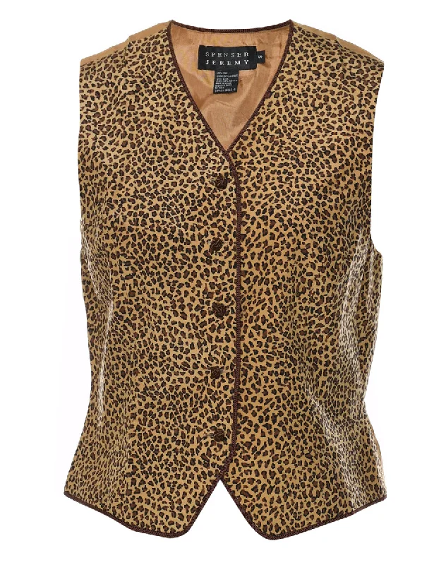 Animal Print Black & Brown Silk 1990s Waistcoat - S Trendy Quilted Waistcoat Jacket