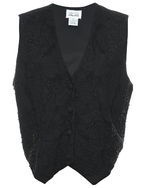 Beaded Black Waistcoat - L Fashionable Tailored Waistcoat Vest