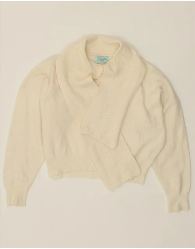 BENETTON Womens Crop Shawl Neck Jumper Sweater UK 10 Small White Elegant Silk Shawl Scarf BENETTON Womens Crop Shawl Neck Jumper Sweater UK 10 Small White Elegant Silk Shawl Scarf