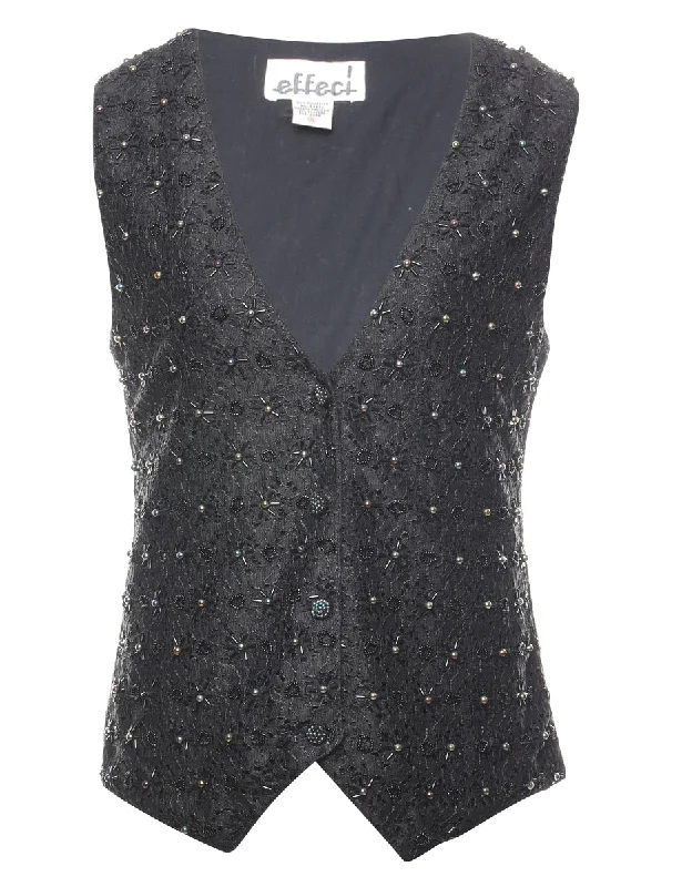 Black 1990s Beaded Lace Waistcoat - S Stylish Casual Waistcoat Jacket