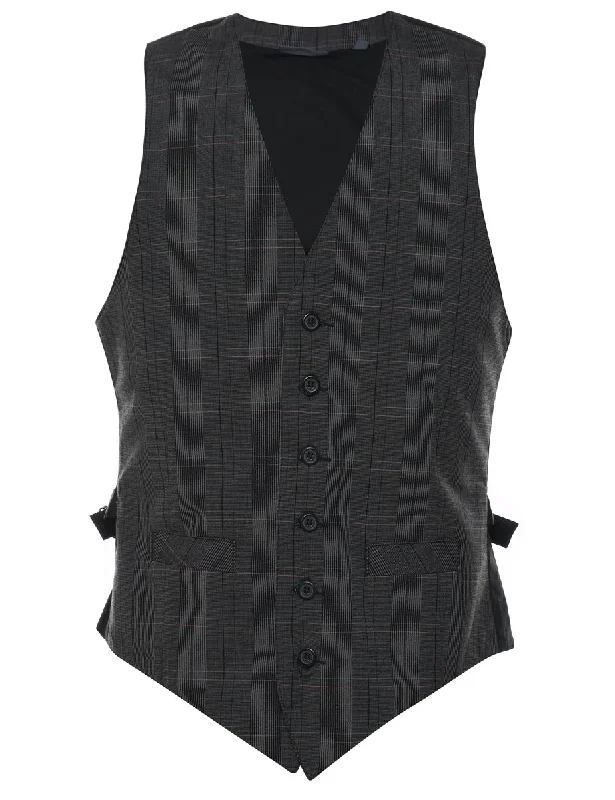 Black Checked 1990s Waistcoat - M Fashionable Quilted Waistcoat