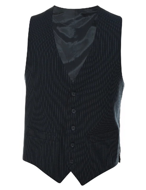 Black & Light Blue Pinstriped Waistcoat - L Cozy Faux Fur Waistcoat
