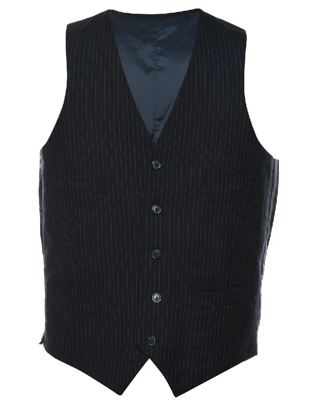 Black Pinstriped Classic Waistcoat - M Elegant Wool Blend Waistcoat