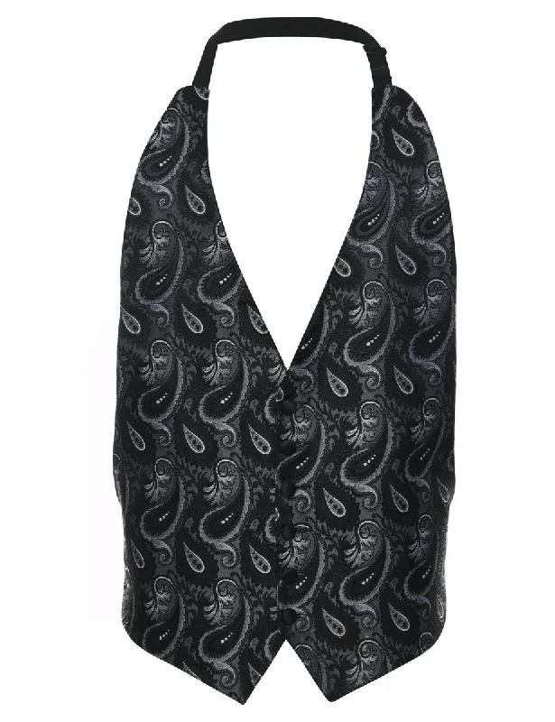 Black & Silver Paisley Print Brocade Waistcoat - M Trendy Hooded Waistcoat Vest