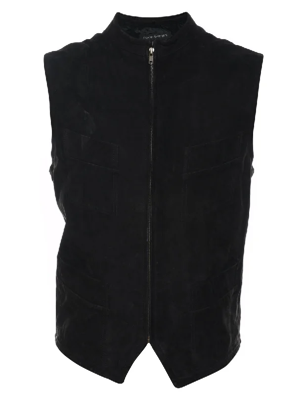 Black Suede Zip-Front Waistcoat - L Classic Fitted Waistcoat Jacket