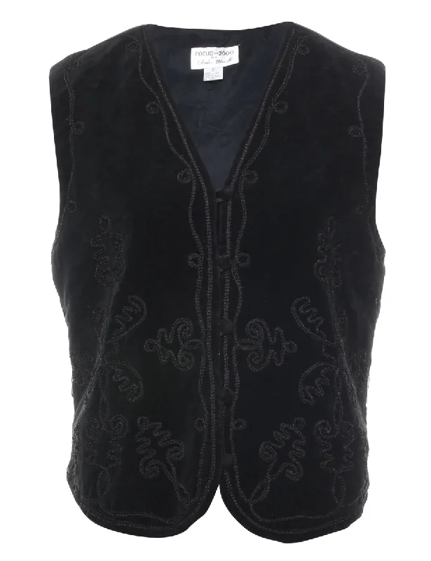 Black Velvet Embroidered Waistcoat - M Casual Checkered Waistcoat Vest