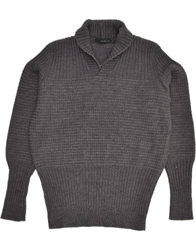CALVIN KLEIN Womens Shawl Neck Jumper Sweater UK 18 XL Grey Wool Cozy Knit Shawl Cape